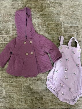 Mauve Quilted Hooded Baby Jacket & Pink Floral Romper Set
